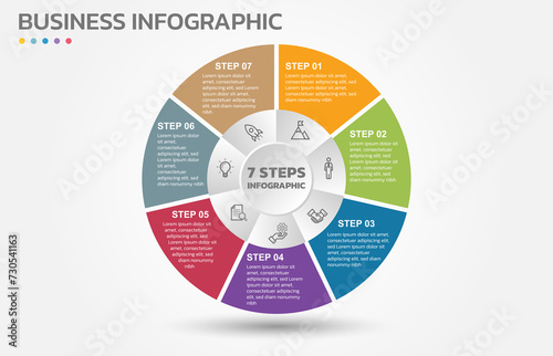 Visual data presentation. Cycle diagram with 7 options. Pie Chart Circle infographic template with 7 steps, options, parts, segments. Business concept. Editable pie chart with sectors. photo