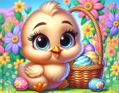 A cute cartoon chick beside a basket of colorful Easter eggs, with vibrant spring flowers in the background