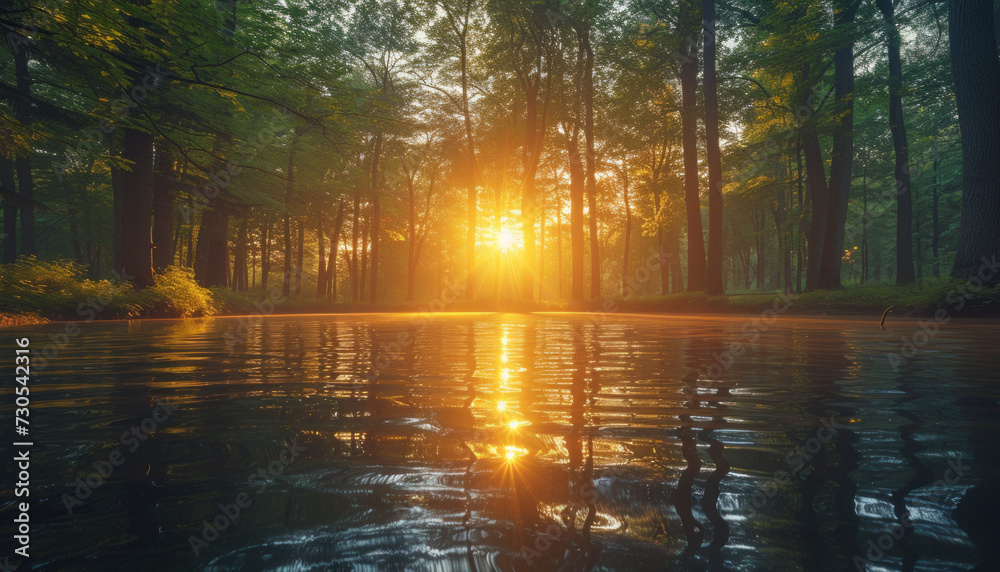 Obraz premium Sunrise Through Misty Forest Reflected in Calm Lake Waters