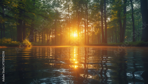 Sunrise Through Misty Forest Reflected in Calm Lake Waters