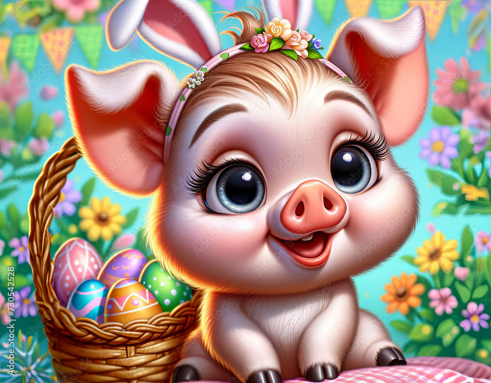 A cute cartoon pig beside a basket of colorful Easter eggs, with vibrant spring flowers in the background