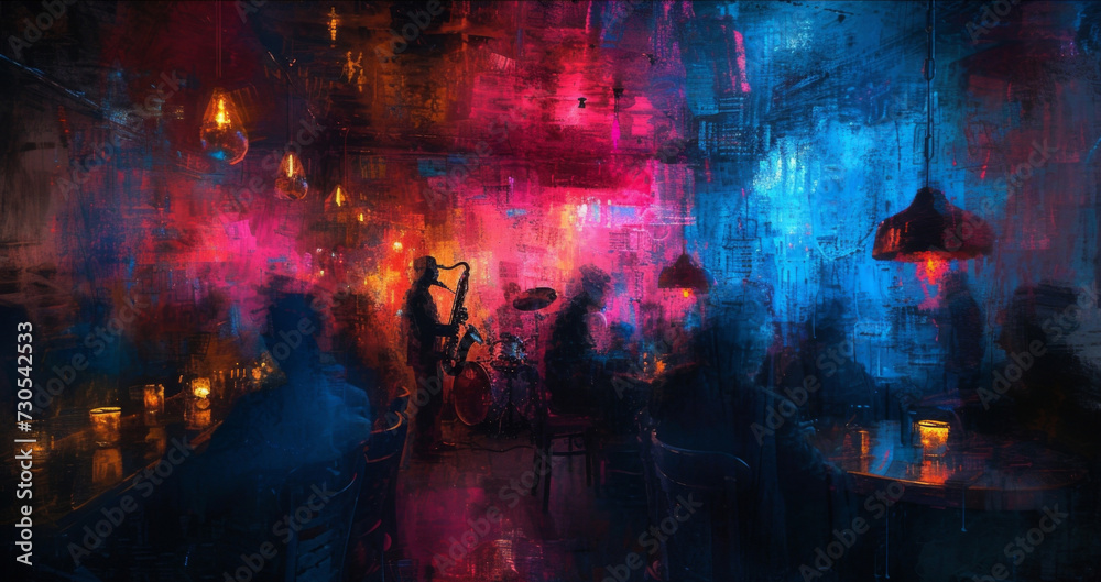A dimly lit jazz club the sounds of a saxophone weaving through the neondrenched room as shadowy figures engage in whispered conversations. - obrazy, fototapety, plakaty 