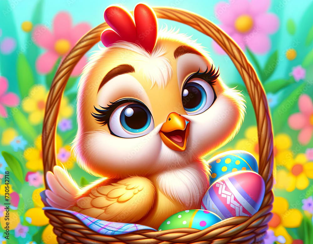 A cute cartoon chicken beside a basket of colorful Easter eggs, with vibrant spring flowers in the background