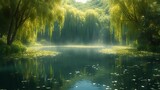 High-Angle Serenity Surrounding a Reflective Pond, Defocused Magic Adding a Dreamy and Tranquil Aura to the Contemplative Scene. Made with Generative AI Technology