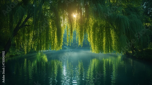 High-Angle Serenity Surrounding a Reflective Pond, Defocused Magic Adding a Dreamy and Tranquil Aura to the Contemplative Scene. Made with Generative AI Technology © mafizul_islam