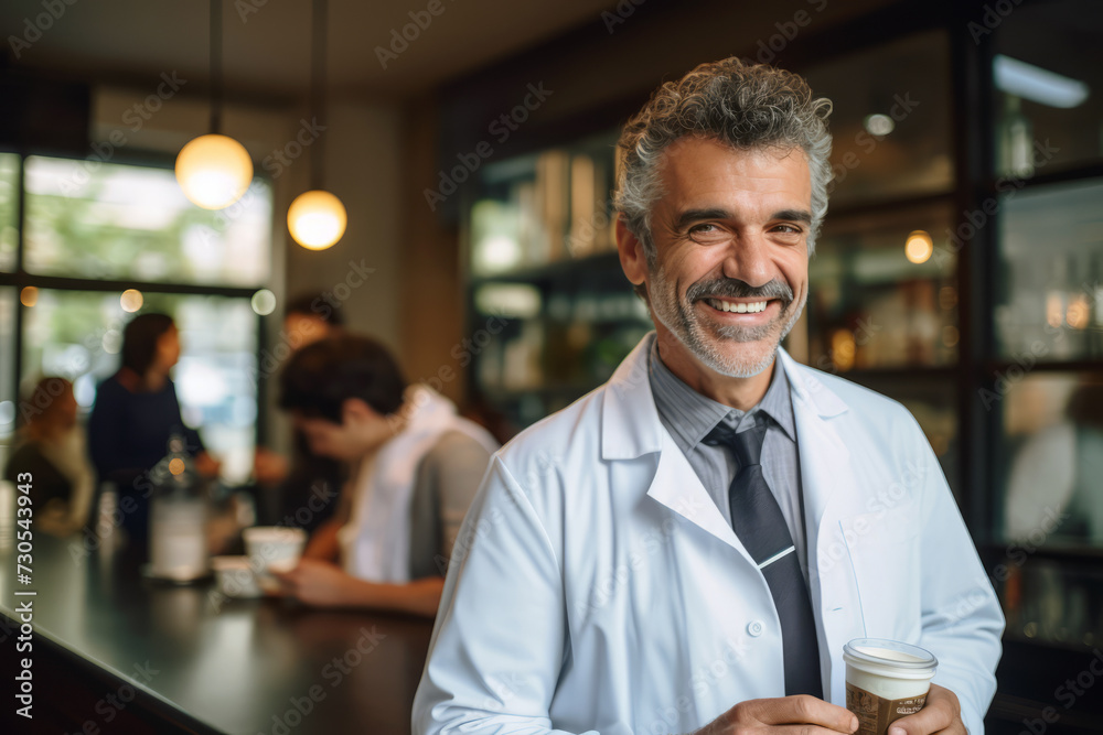 Doctor in uniform at cafe during break. Doctor drinking coffee in the store before going to work. Doctor in uniform at cafe during break. Doctor drinking coffee in the store before going to work.
