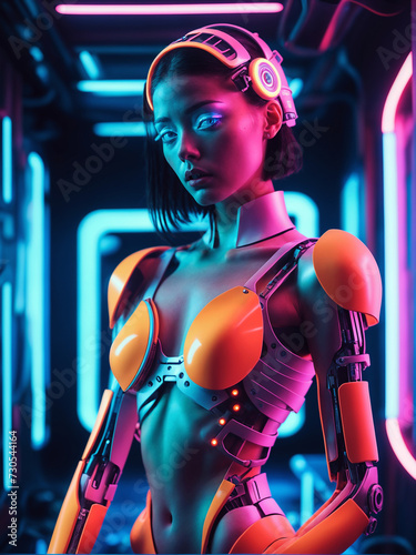 A futuristic woman cyborg with short black hair stands in a neon-lit room