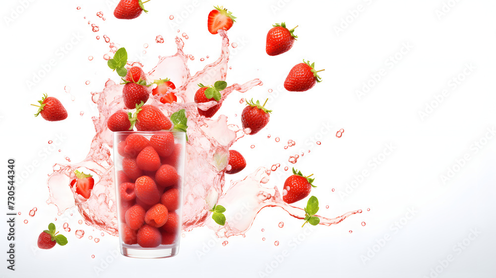 template with delicious tasty quart of straw berries flying on white background - obrazy, fototapety, plakaty 
