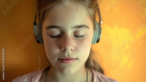 A teenage girl with auditory processing disorder listens intently to music her love for melodies and rhythms transcending her challenges. photo