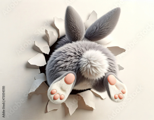 A humorous 3D image of a bunny stuck in a round hole of a broken wall, showing only its hindquarters.
