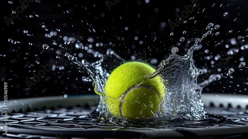 Closeup shot of a tennis ball and racket with a splash of water isolated on a dark background © Artem