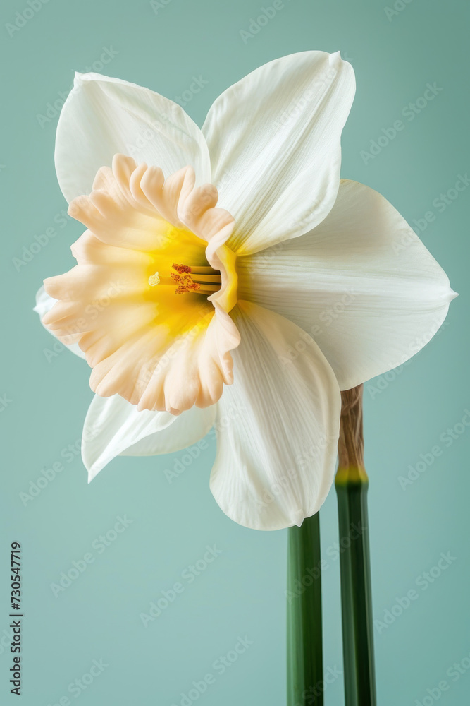 Fototapeta premium White daffodil flower soft elegant vertical background, card template