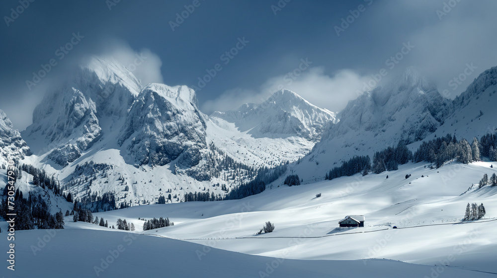Tranquil Mountain Vista: Illustration Depicting the Peaceful Serenity of Countryside Living in the Mountains