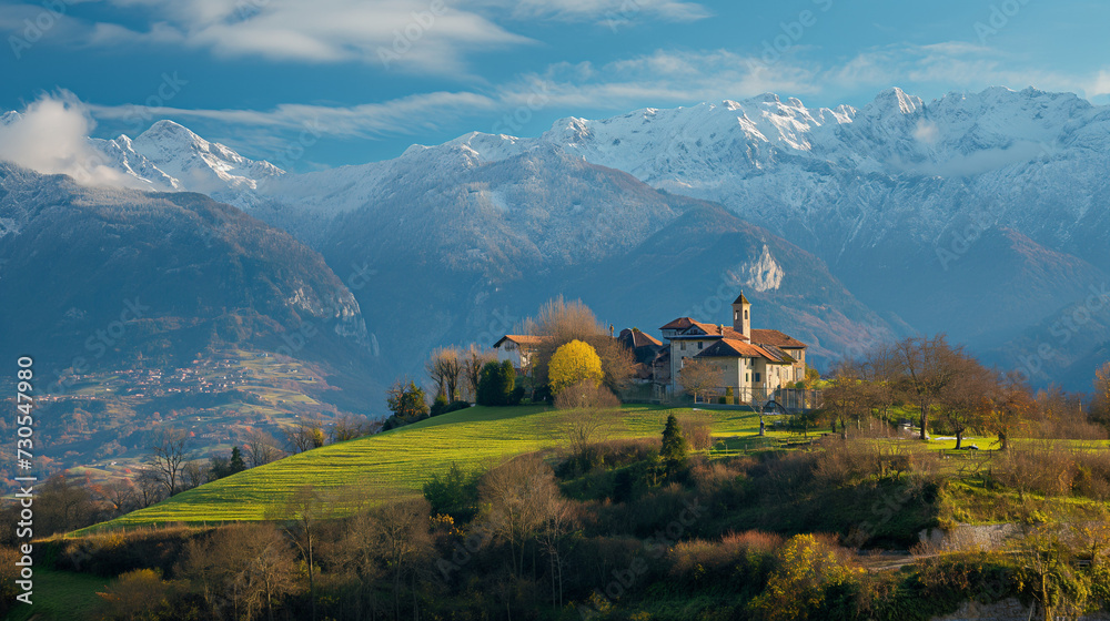 Tranquil Mountain Vista: Illustration Depicting the Peaceful Serenity of Countryside Living in the Mountains