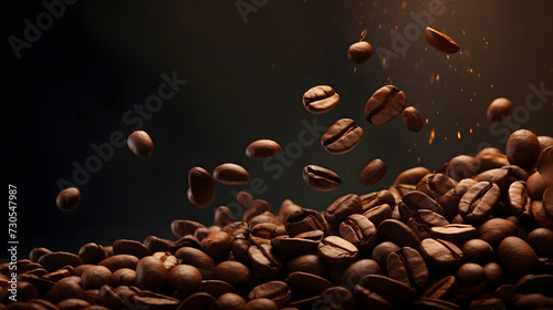closeup flying coffee beans over dark background