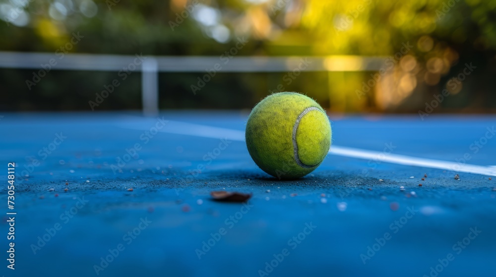 Tennis ball rests on blue tennis court