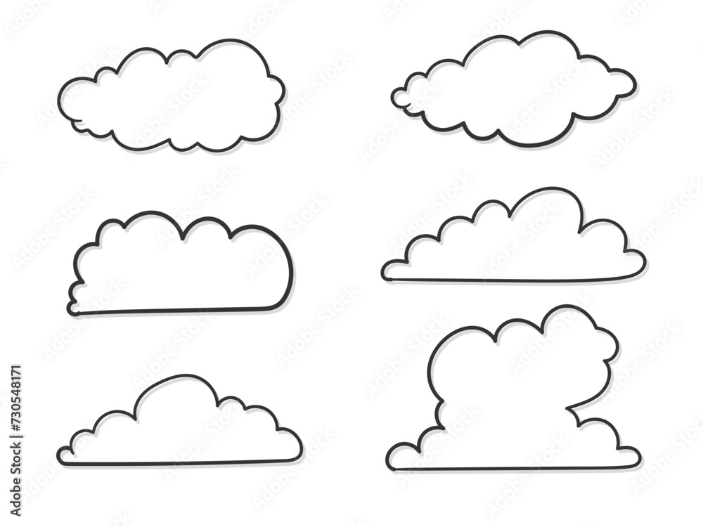 Set of outline hand drawn clouds with shadows