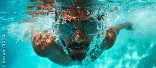 An Arabian athlete wearing goggles dives into a pool of turquoise water.
