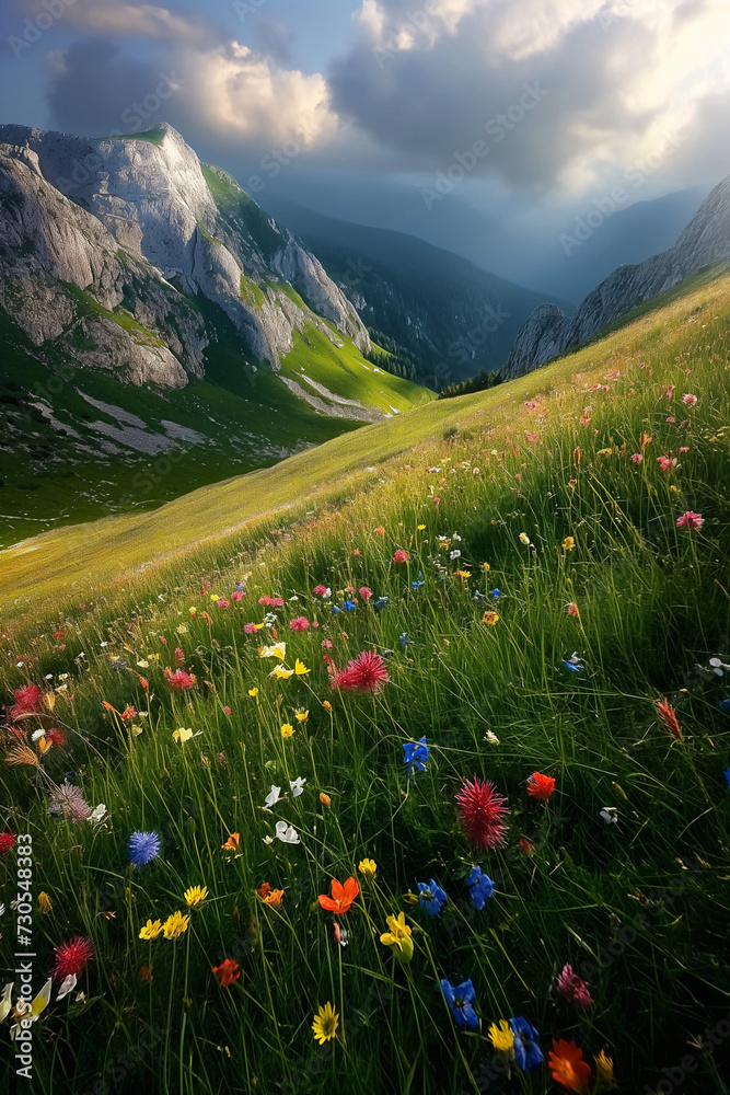 Nature's Canvas:Illustrated Landscape of Vibrant Flowers and Lush Meadows in the Mountains