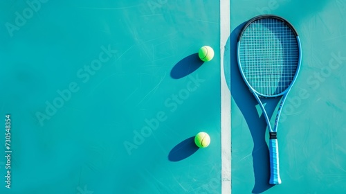 Tennis court panorama background with blue racket and two tennis balls ready to play match on outdoor courts summer sport lifestyle