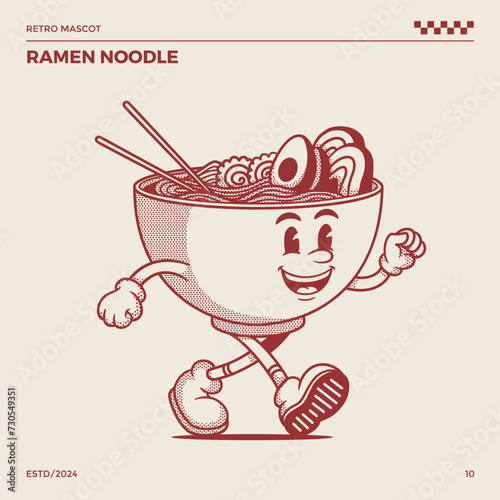 Ramen noodle soup retro mascot, cartoon mascot
