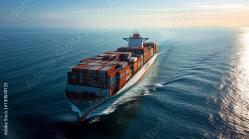 The latest container ship boasts stateoftheart fuel efficiency measures including hybrid engines and a streamlined hull as it sails towards the horizon.