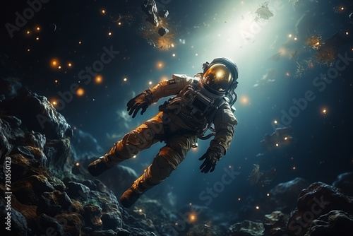 Astronaut floating amidst a mesmerizing galaxy filled with glittering stars and a remote planet