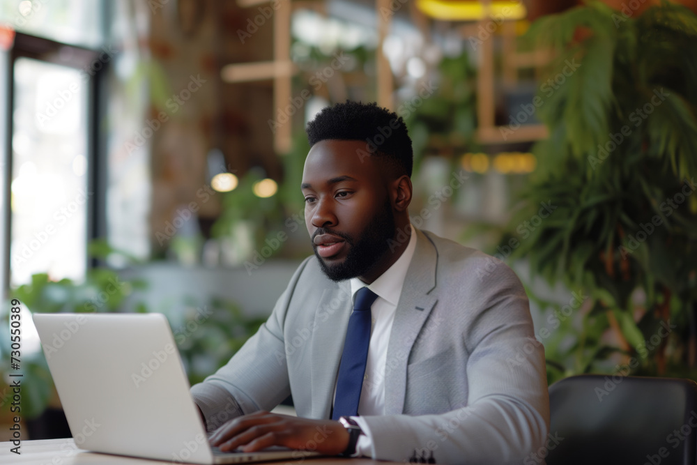 Determined Young African American Professional Focused on Laptop in Eco-Friendly Office