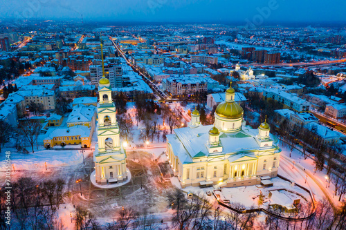 Evening view from above of the Spassky Cathedral in winter in Penza, Russia.