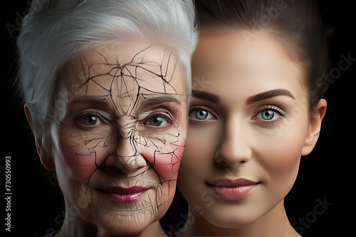 Aesthetic cosmetology. young and mature women, anti-aging challenge and beauty symbolism