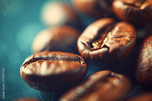 Close up view of heap of freshly roasted coffee beans capturing essence of rich aroma and flavor macro shot showcases dark texture of each bean energy and warmth of morning espresso or cappuccino