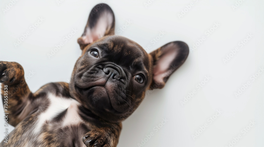 Cute brindle french bulldog puppy laying down, white background, frenchie, looking at camera, shot from above, room for type, dog breeds, pet care, puppy health, family dog, veterinary, sleepy puppy