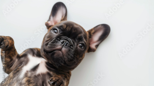 Cute brindle french bulldog puppy laying down, white background, frenchie, looking at camera, shot from above, room for type, dog breeds, pet care, puppy health, family dog, veterinary, sleepy puppy photo