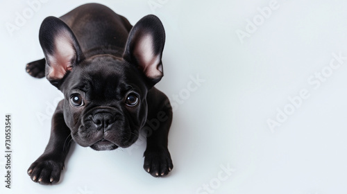 Cute black french bulldog puppy laying down, frenchie on white background, looking at camera, shot from above, room for type, dog breeds, pet care, puppy health, family dog, horizontal banner ad photo