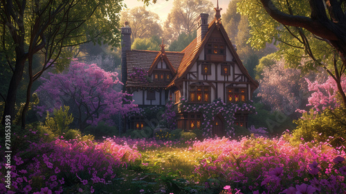 A serene Tudor house  its timber-framed fa  ade adorned with intricate carvings  standing proudly amidst a blossoming garden.