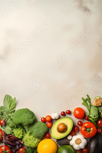 Healthy food on white background with copy space, flat lay, top view, banner