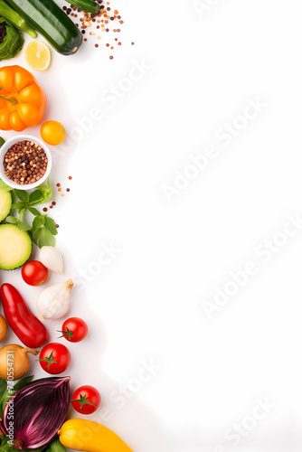 Healthy food on white background with copy space, flat lay, top view, banner