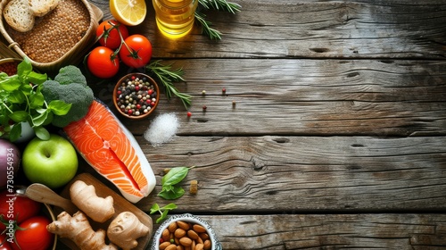 Selection of healthy food on rustic wooden background, realistic, HD, copy space - generative ai