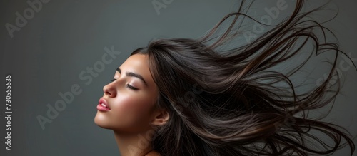 Satisfactory photo of a content brunette girl with flowing hair, made in a studio.
