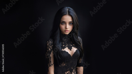 An elegant silhouette in a black lace dress stands against a dark backdrop, exuding mystery and sophistication