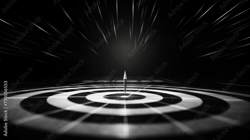 A black and white target with an arrow piercing the center. A black and white target with an arrow piercing the center.
