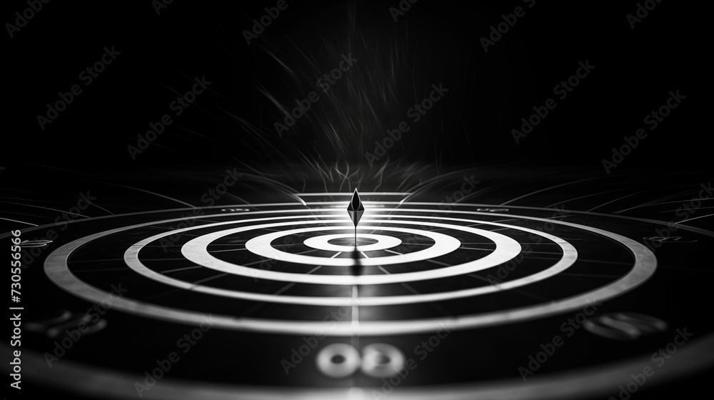 A black and white target with an arrow piercing the center. A black and white target with an arrow piercing the center.
