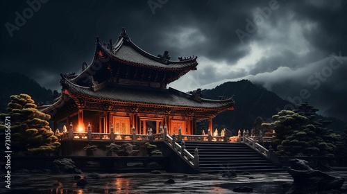 A Chinese temple lit by a dark landscape.
