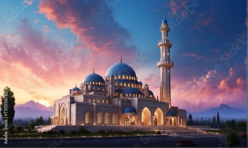 The building of the mosque is magnificent, with beautiful clouds. Generative AI photo