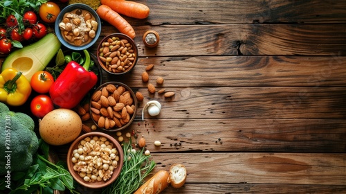 Selection of healthy food on rustic wooden background, realistic, HD, copy space - generative ai