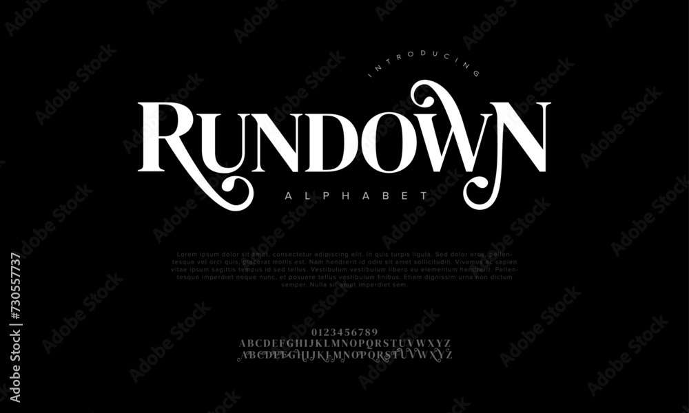 Rundown premium luxury elegant alphabet letters and numbers. Elegant wedding typography classic serif font decorative vintage retro. Creative vector illustration Rundown premium luxury elegant alphabet letters and numbers. Elegant wedding typography classic serif font decorative vintage retro. Creative vector illustration