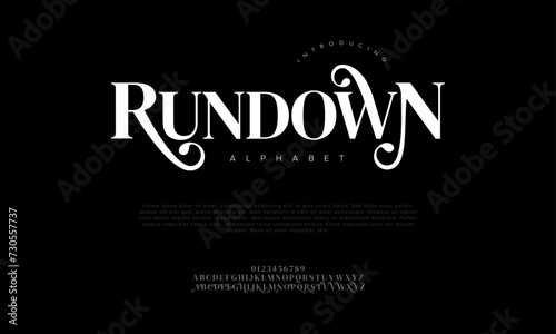 Rundown premium luxury elegant alphabet letters and numbers. Elegant wedding typography classic serif font decorative vintage retro. Creative vector illustration