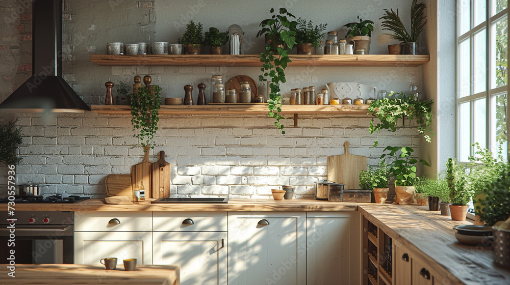 Scandinavian style kitchen with wooden accents and green plants