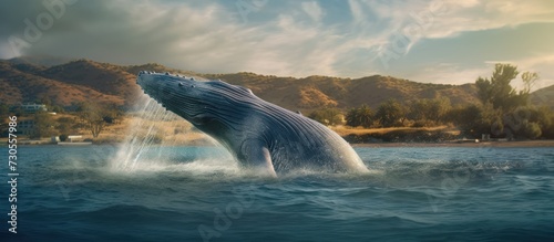A blue whale  surfaces offshore