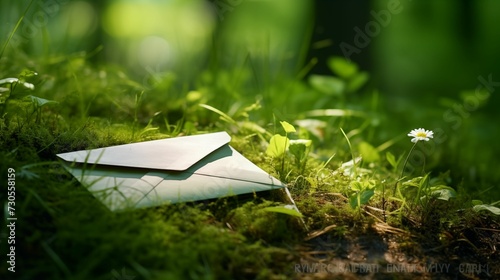 An image of an envelope placed on lush green grass.